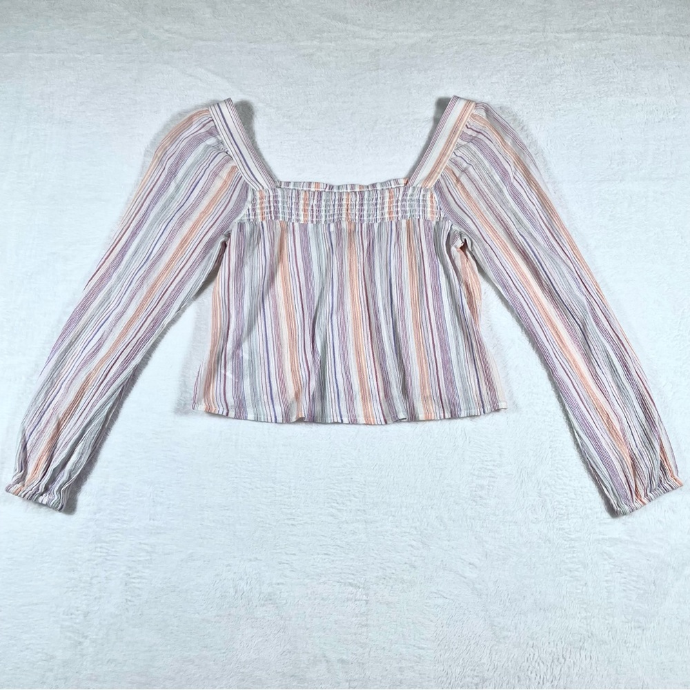 BCBGeneration Womens M Smocked Striped Peasant Top Crop 100% COTTON Summer Y2K